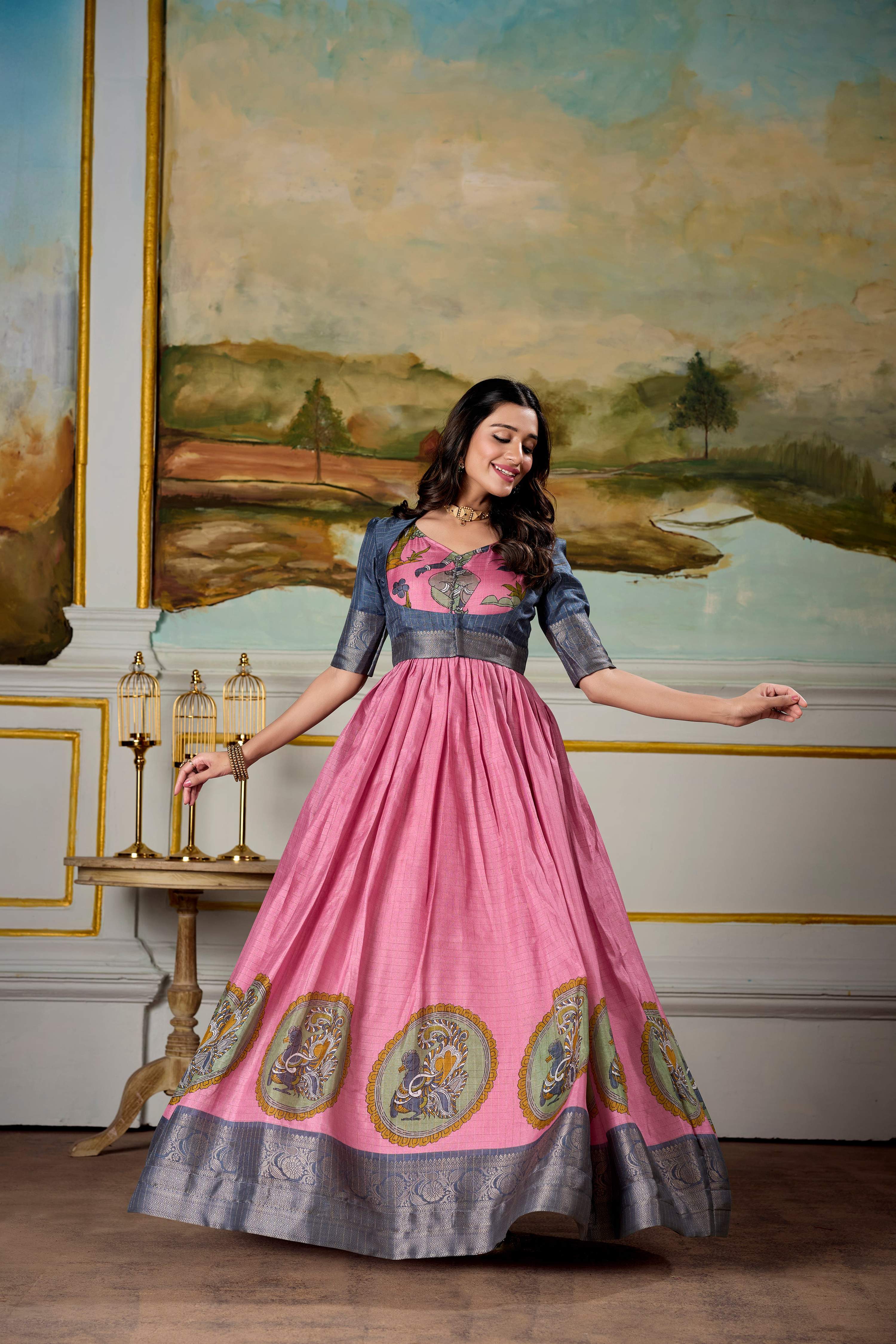 Lorenvalley Fashion Pink and Grey Dola Silk Kalamkari Print With Zari Weaving Broder Gown with Koti