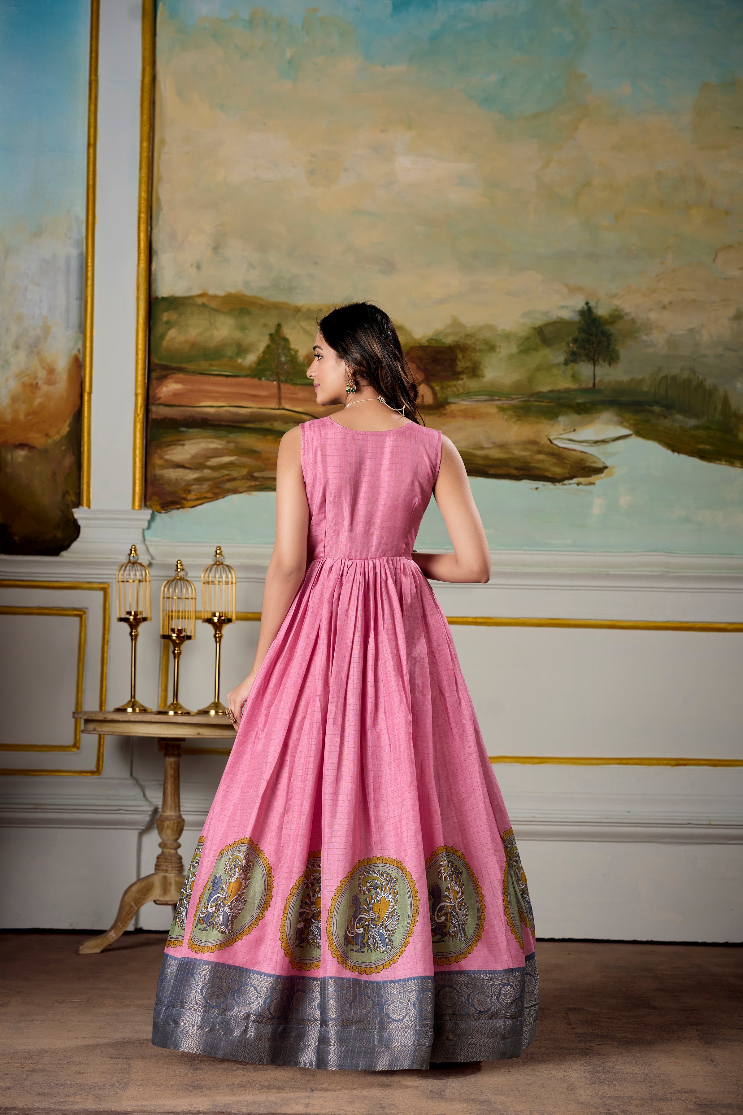 Lorenvalley Fashion Pink and Grey Dola Silk Kalamkari Print With Zari Weaving Broder Gown with Koti