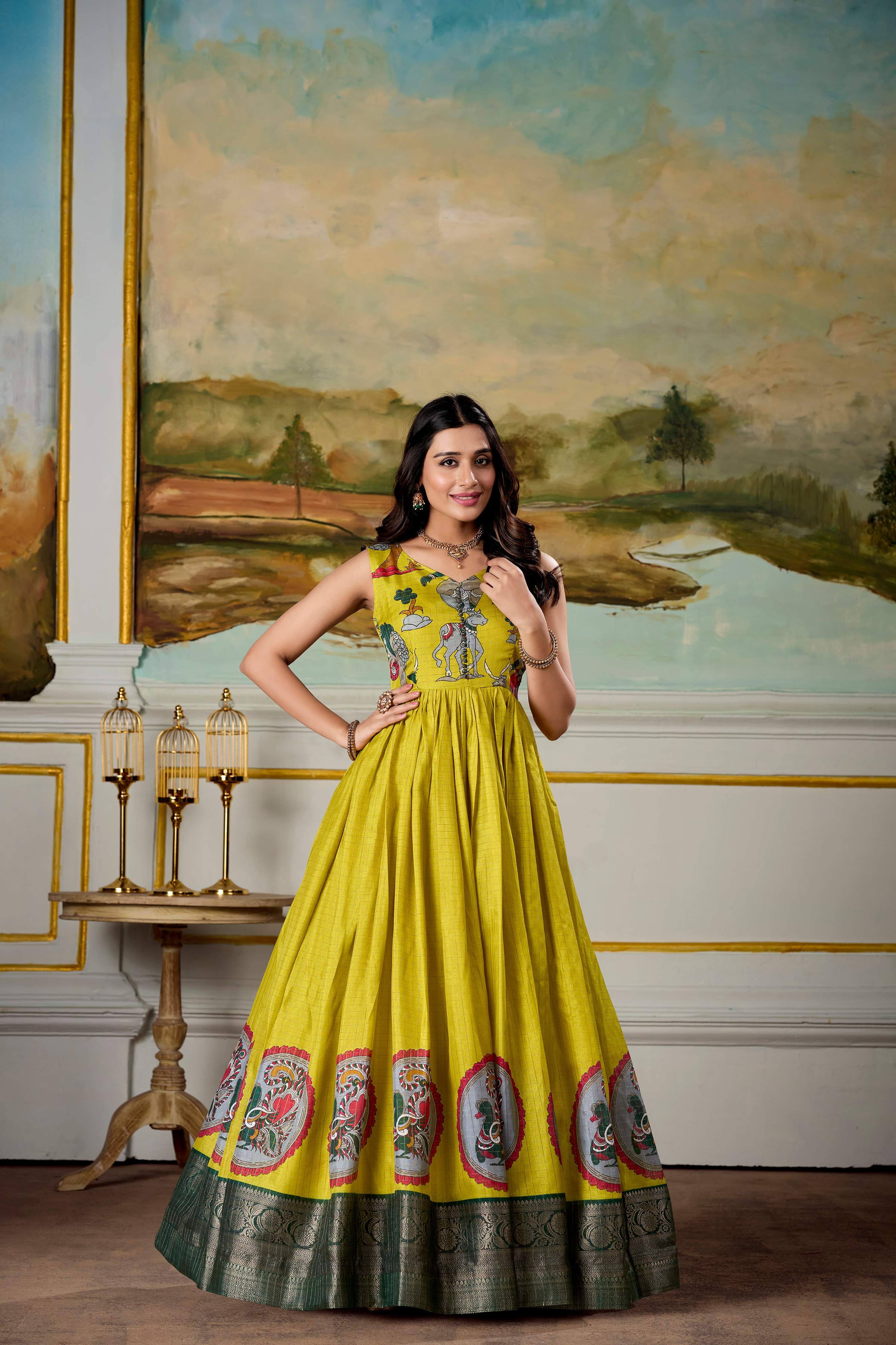 Lorenvalley Fashion Parrot and Green Dola Silk Kalamkari Print With Zari Weaving Broder Gown with Koti