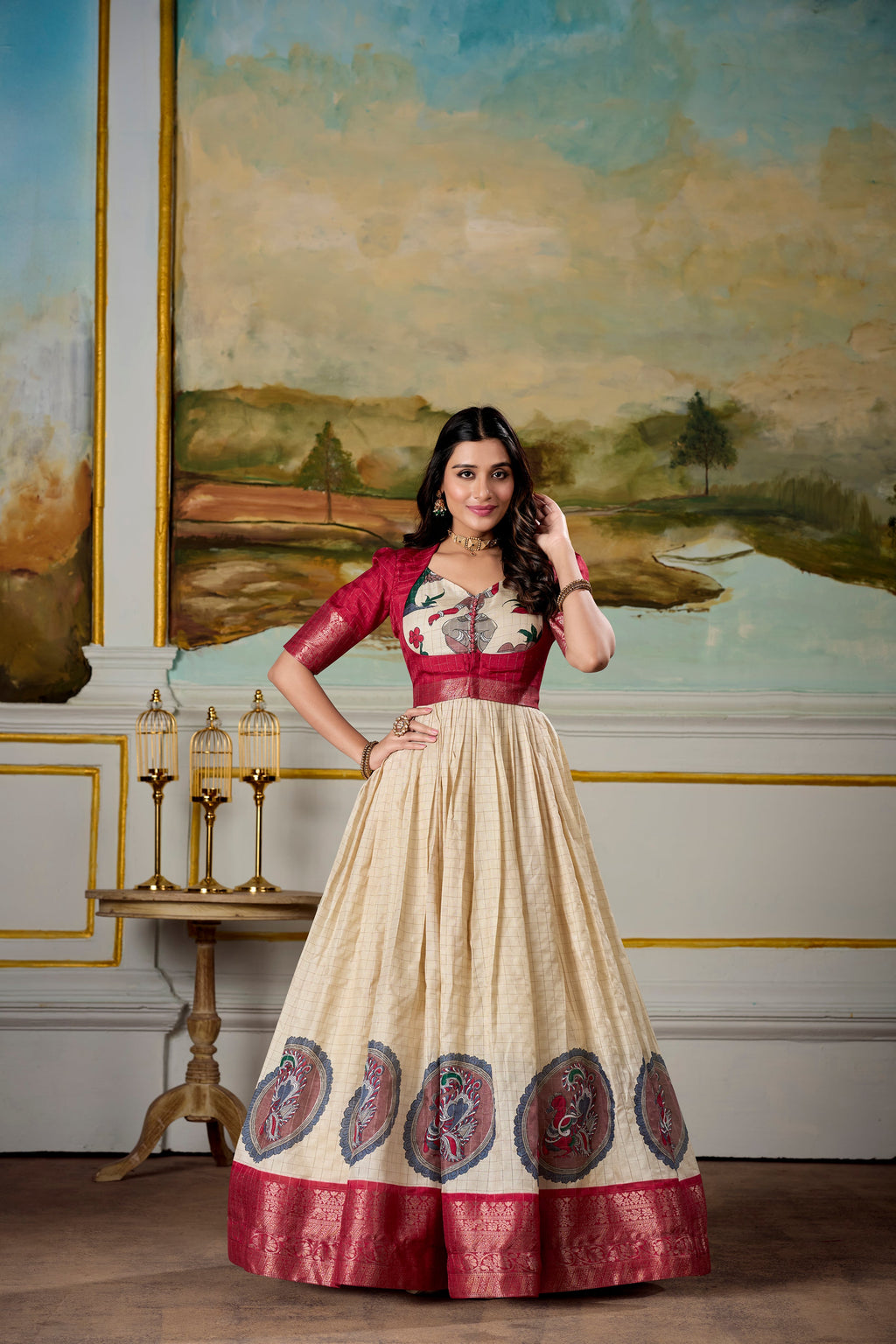 Lorenvalley Fashion Cream and Red Dola Silk Kalamkari Print With Zari Weaving Broder Gown with Koti