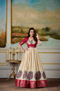 Lorenvalley Fashion Cream and Red Dola Silk Kalamkari Print With Zari Weaving Broder Gown with Koti