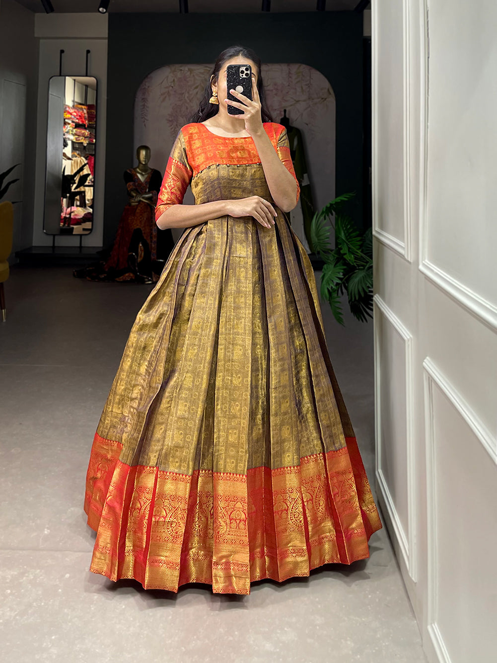 Lorenvalley Mustard Kanjivaram Zari Weaving Work Gown