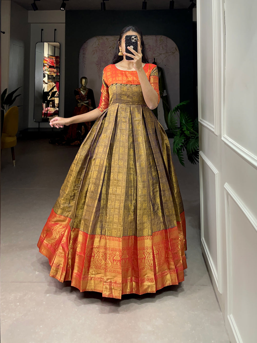 Lorenvalley Mustard Kanjivaram Zari Weaving Work Gown
