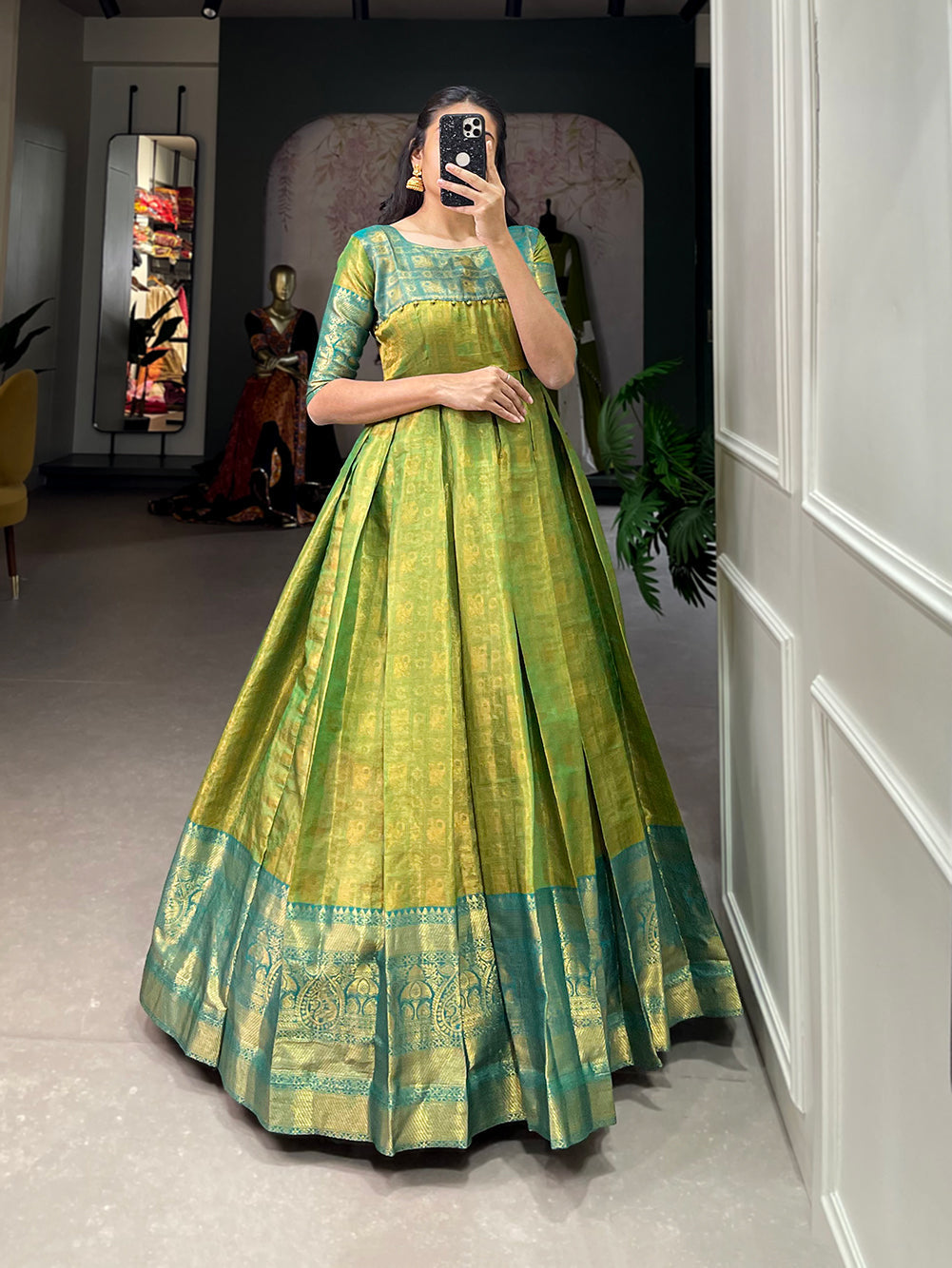 Lorenvalley Parotgreen Kanjivaram Zari Weaving Work Gown