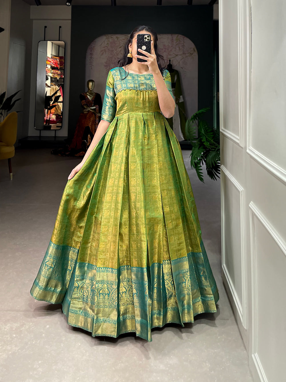 Lorenvalley Parotgreen Kanjivaram Zari Weaving Work Gown