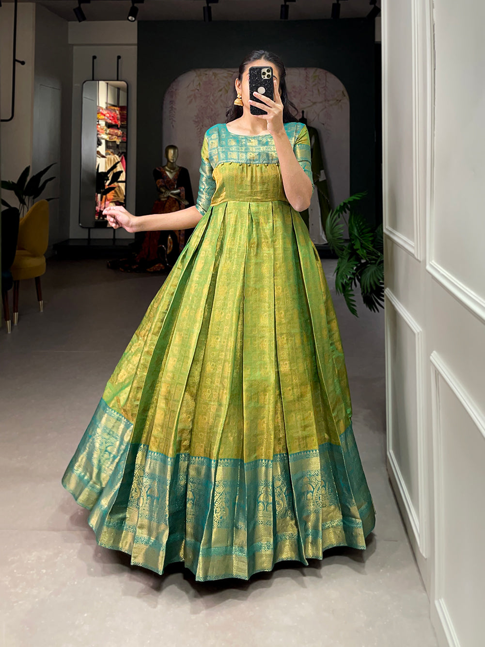Lorenvalley Parotgreen Kanjivaram Zari Weaving Work Gown