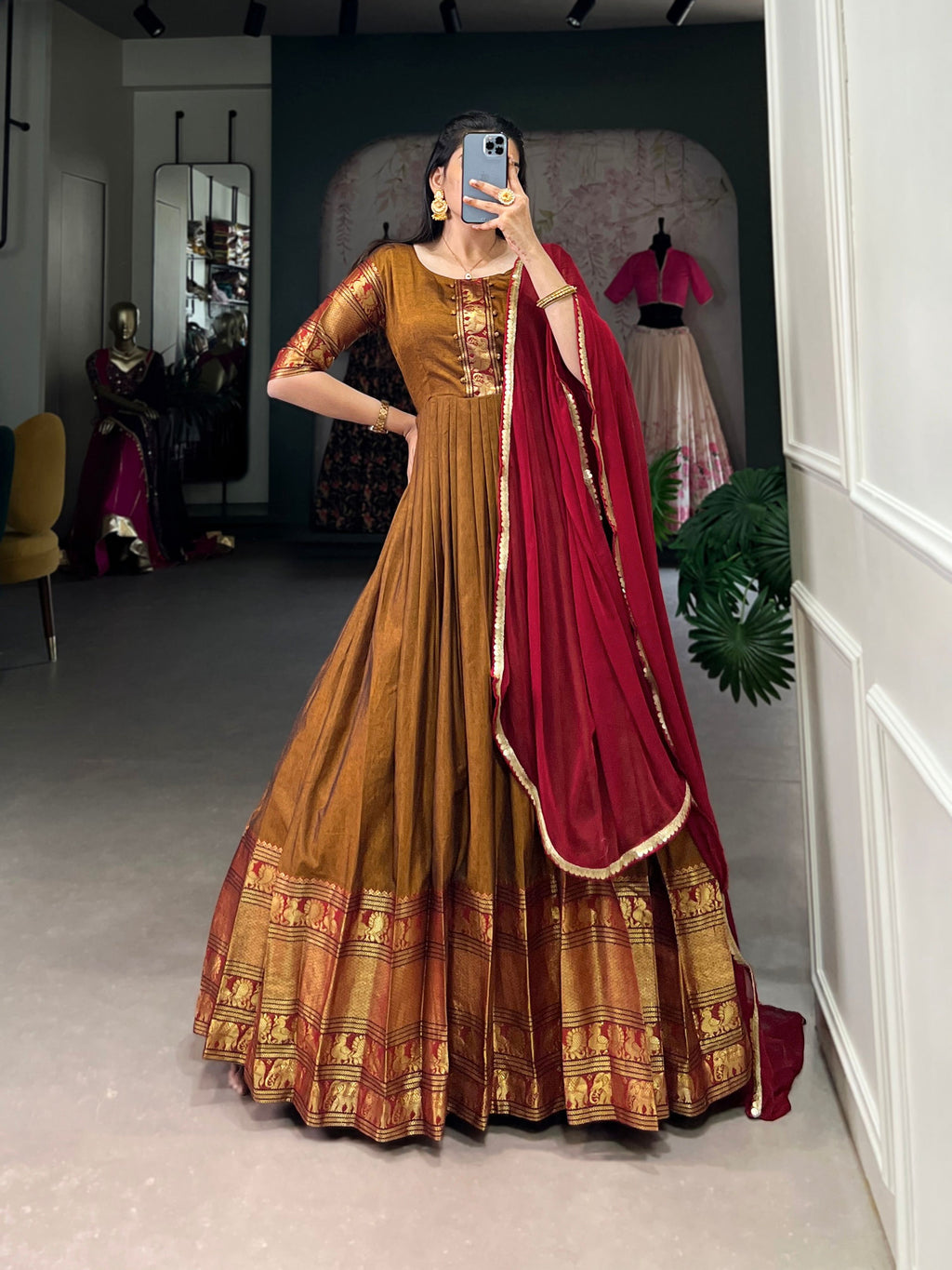 Lorenvalley Fashion Mustard Narayan pet (cotton) Zari weaving work Gown with Dupatta