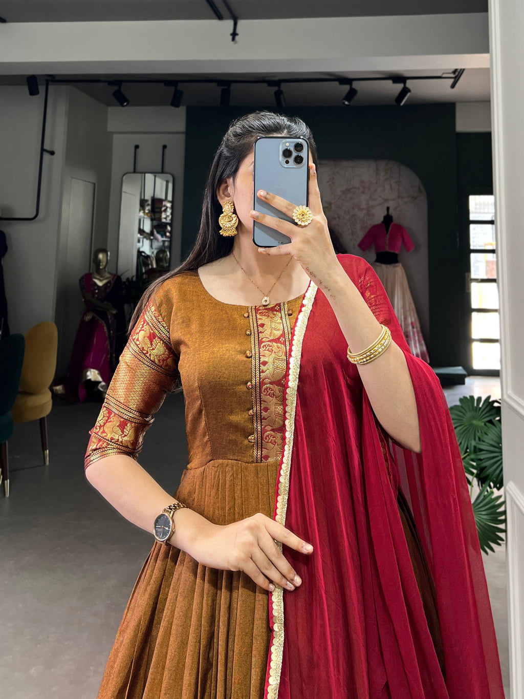 Lorenvalley Fashion Mustard Narayan pet (cotton) Zari weaving work Gown with Dupatta
