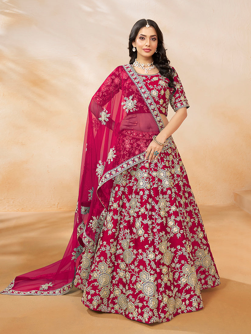 Monjolika Fashion Art Silk Embroidered Rani Pink Trendy Lehenga Choli