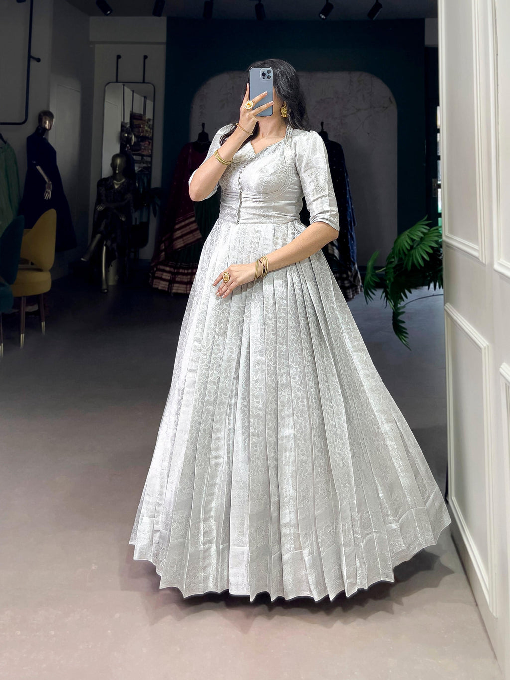 Lorenvalley Fashion Off White Kanjivaram Zari Weaving Work With Lace Touch Up Gown with Koti