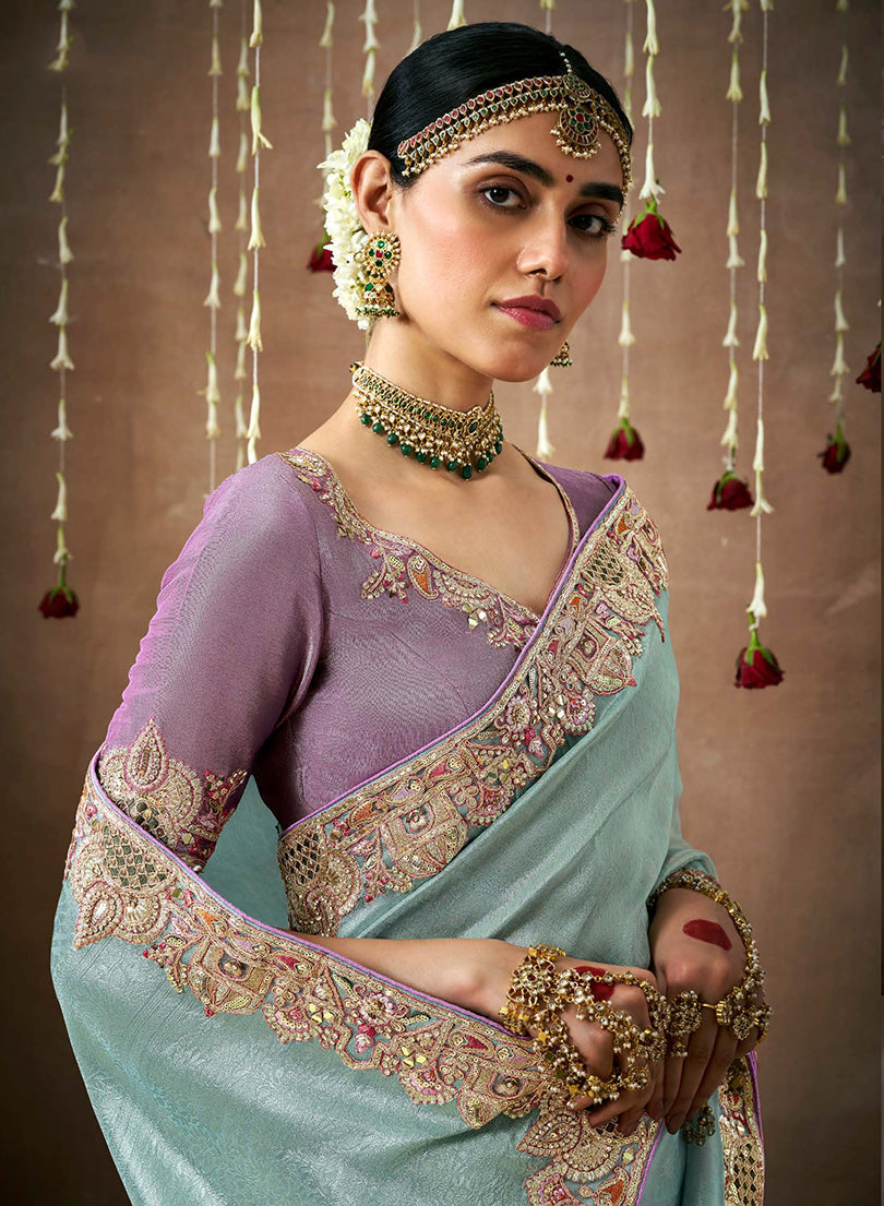 Monjolika Fashion Organza Silk Embroidered Designer Saree In Aqua Blue