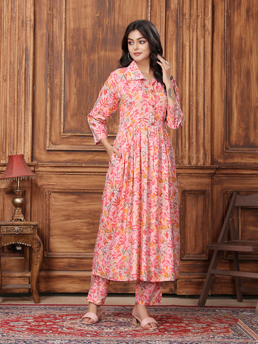 Monjolika Fashion Peach Premium Rayon Floral Printed Long Kurta And Pant Set