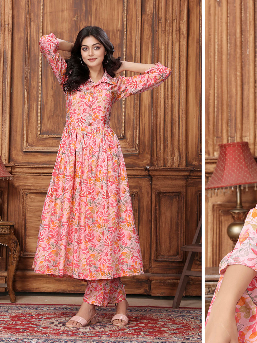 Monjolika Fashion Peach Premium Rayon Floral Printed Long Kurta And Pant Set