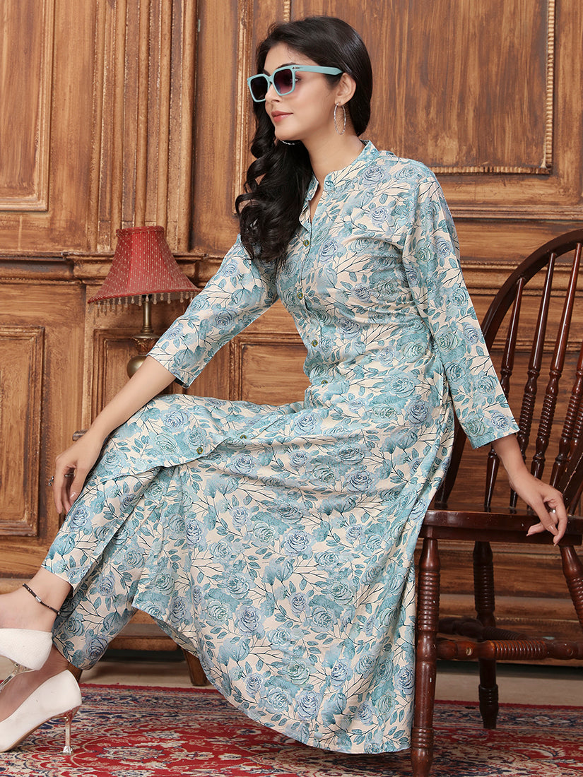Monjolika Fashion Light Blue Premium Rayon Floral Printed Long Kurta And Pant Set
