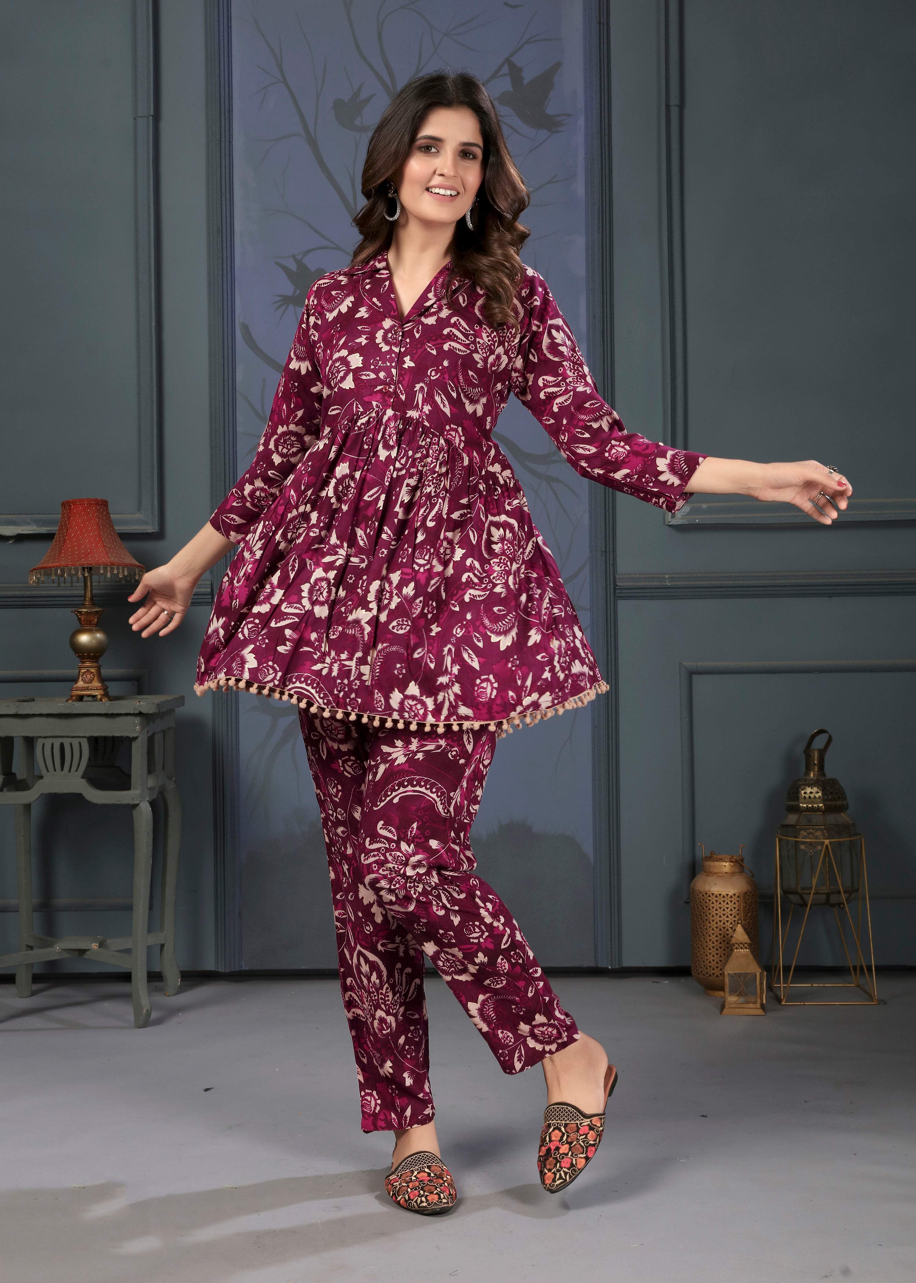 Monjolika Fashion Wine Rayon Printed Casual Wear Co Ord Set