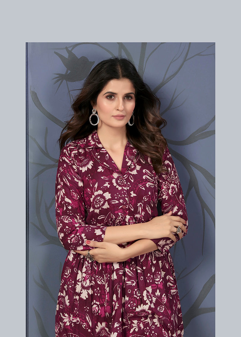 Monjolika Fashion Wine Rayon Printed Casual Wear Co Ord Set