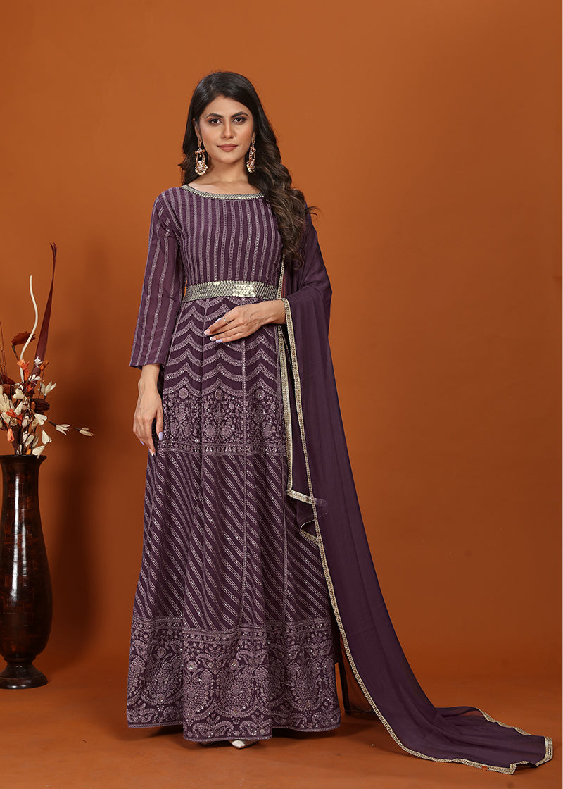Monjolika Fashion Faux Georgette Embroidered Readymade Gown In Wine