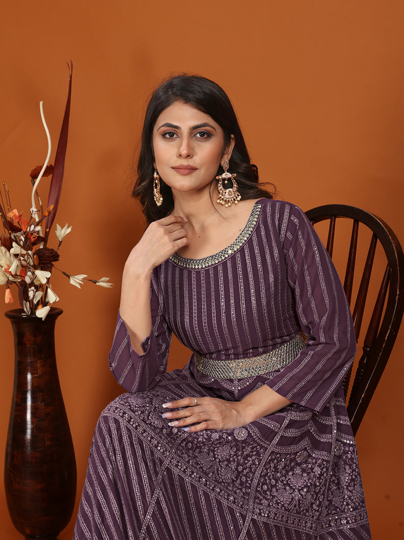 Monjolika Fashion Faux Georgette Embroidered Readymade Gown In Wine