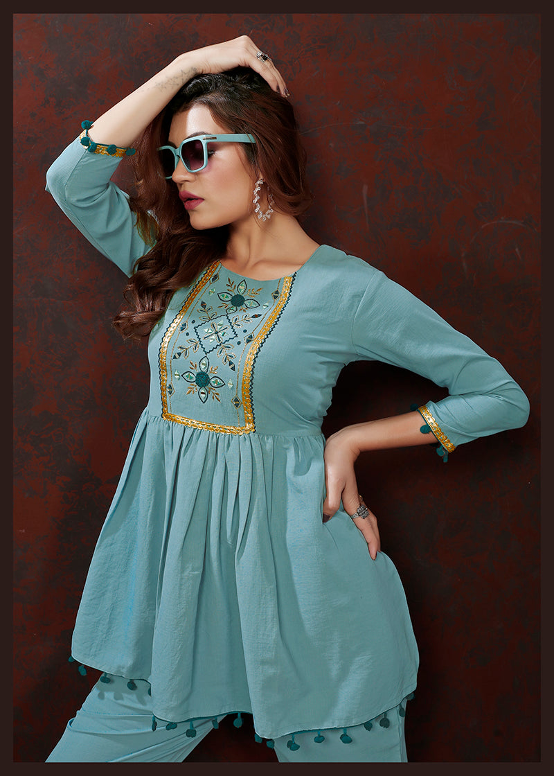Monjolika Fashion Light Blue Maaza Cotton With Hand Work Trendy Co Ord Set
