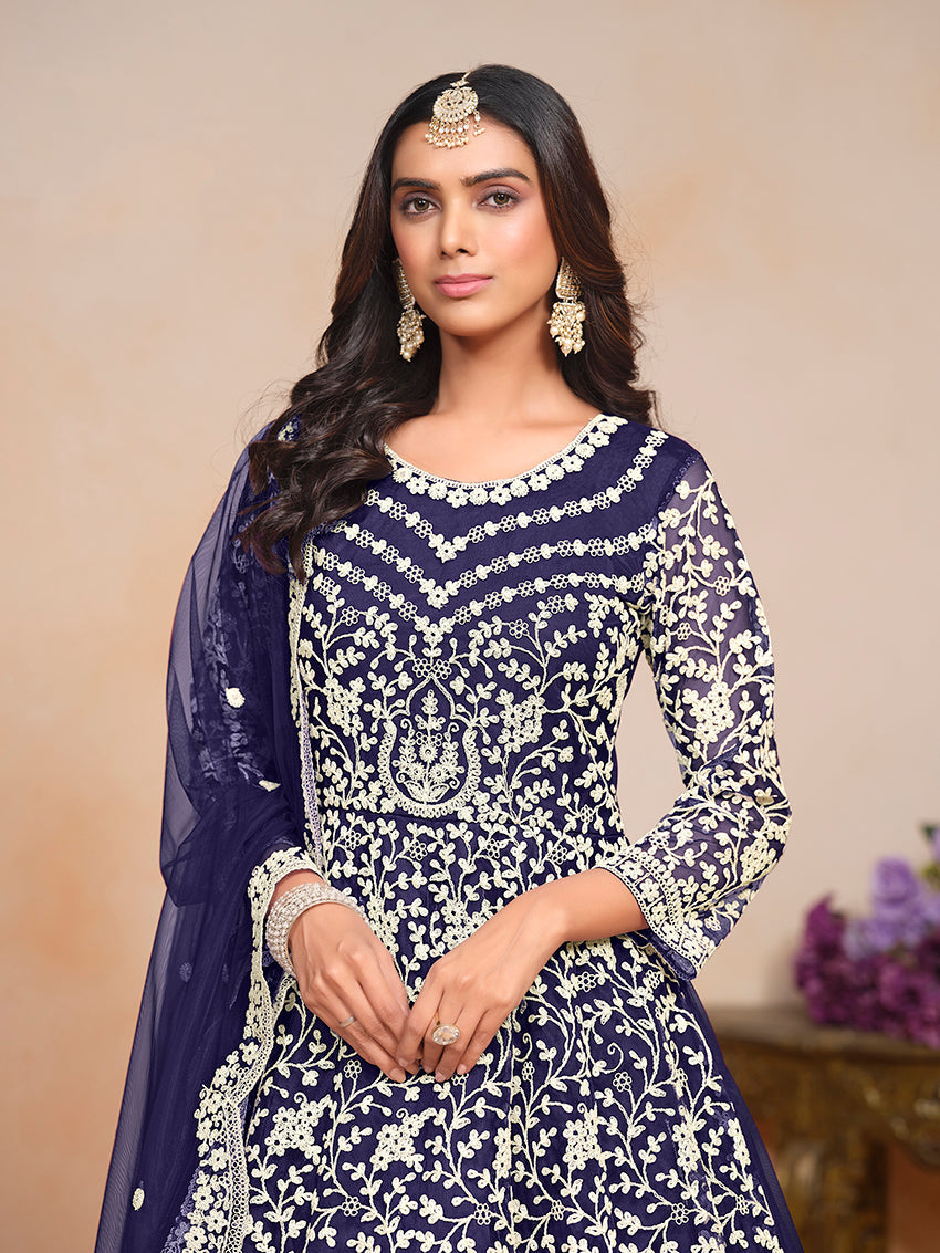 Monjolika Fashion Navy-Blue Color Embroidered Santoon Net Salwar Suit