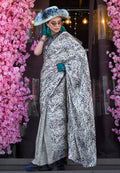 Monjolika Fashion Printed Satin White & Black Colour Classic Saree