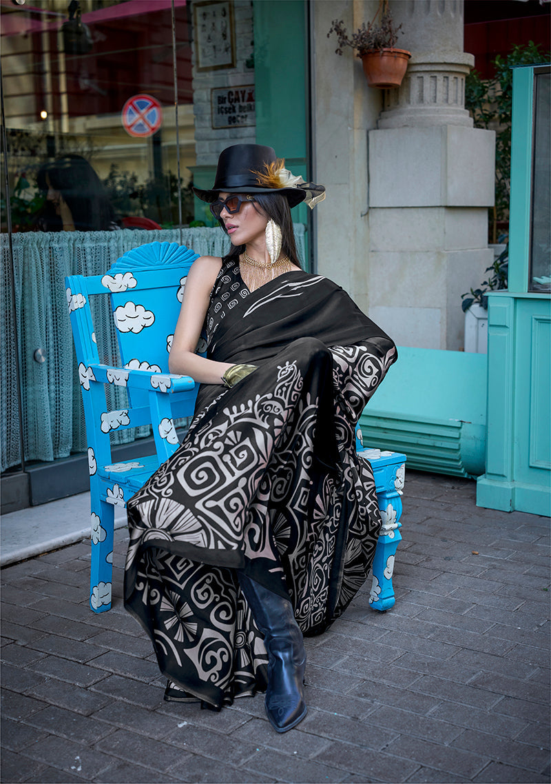 Monjolika Fashion Printed Satin Black Colour Classic Saree