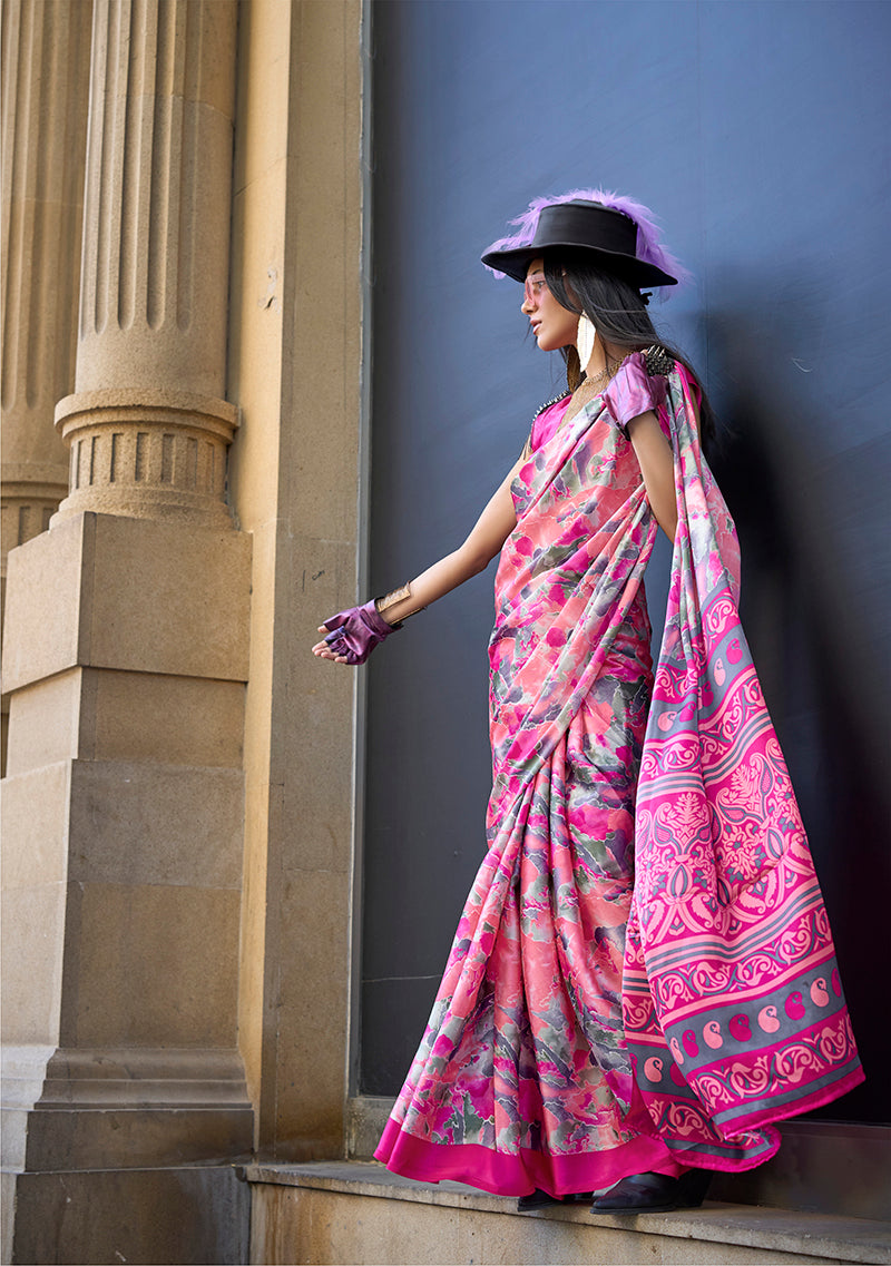 Monjolika Fashion Printed Satin Pink Colour Classic Saree