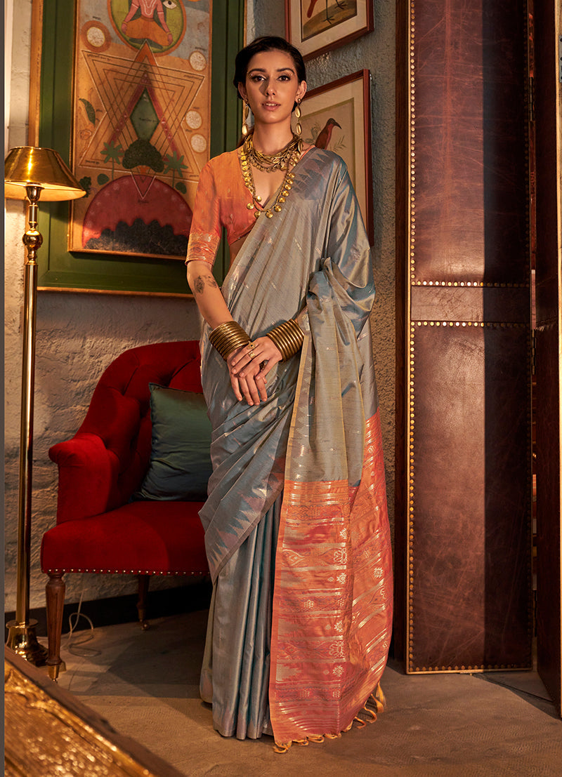 Monjolika Fashion Tussar Silk Weaving Grey Traditional Saree