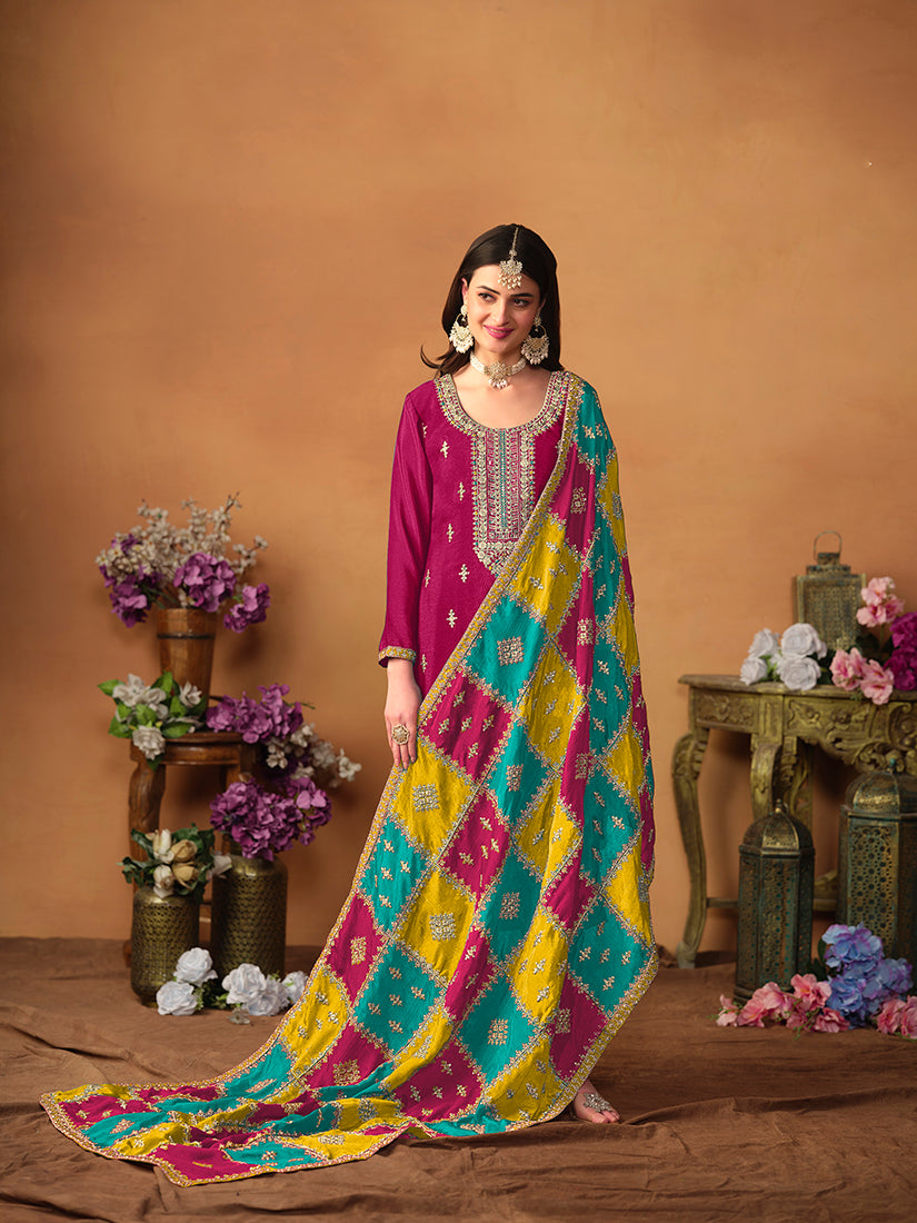 Monjolika Fashion Rani-Pink Color Embroidered Santoon Chinnon Salwar Suit