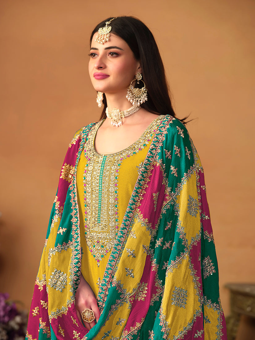 Monjolika Fashion Mustard Color Embroidered Santoon Chinnon Salwar Suit