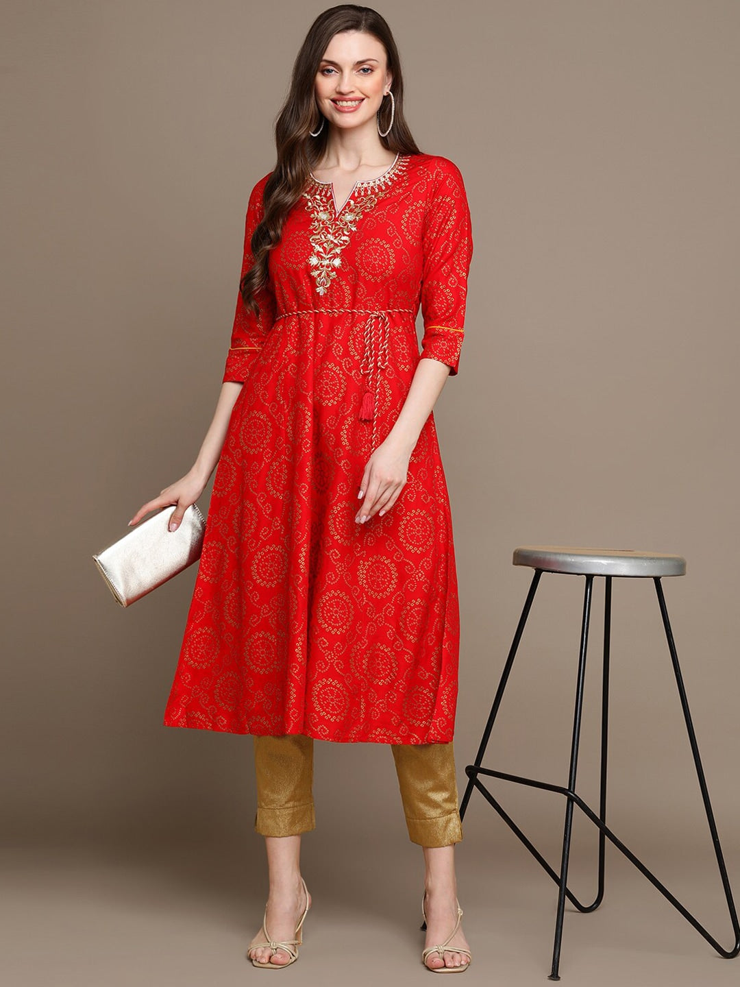 HERE&NOW Bandhani Printed Thread Work Embroidered Anarkali Kurta