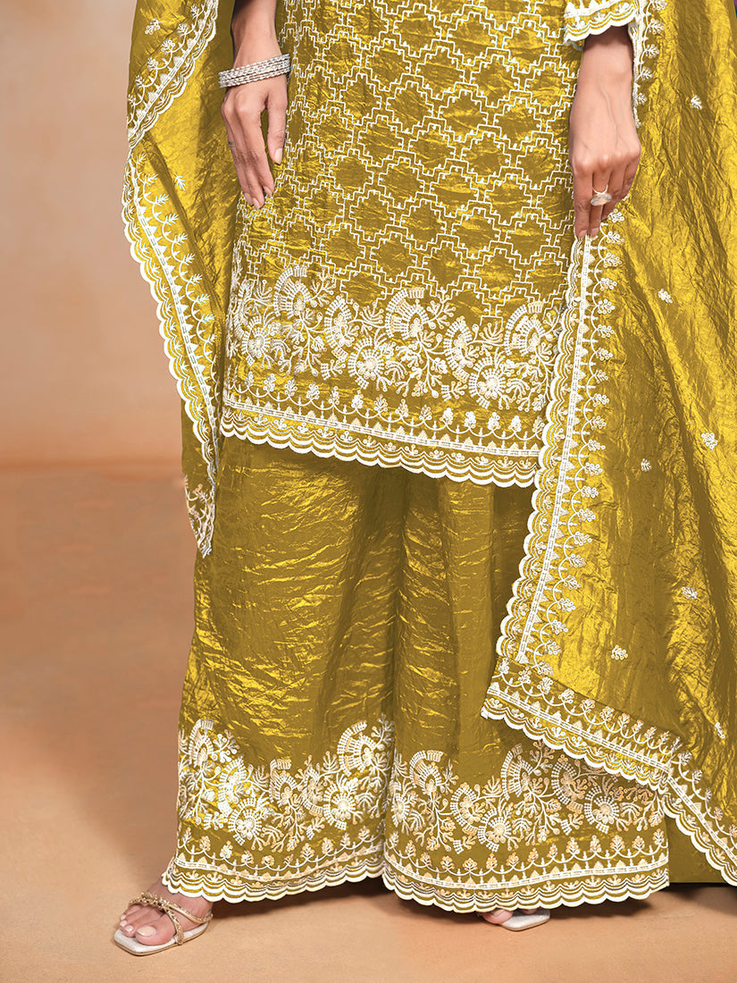 Monjolika Fashion Mustard Color Embroidered Santoon Art Silk Salwar Suit