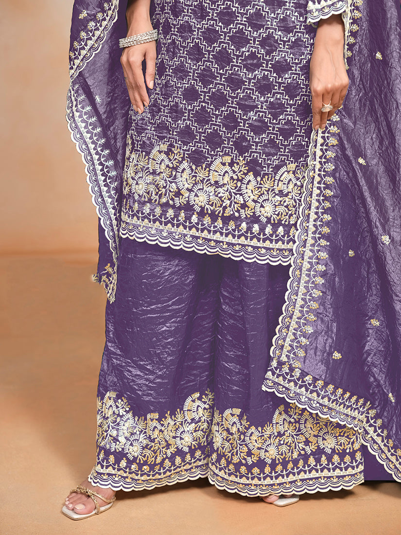 Monjolika Fashion Violet Color Embroidered Santoon Art Silk Salwar Suit