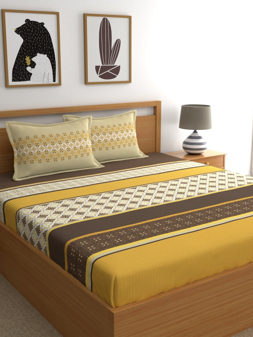 Home Ecstasy Mustard & White Ethnic Motifs 140 TC King Bedsheet with 2 Pillow Covers