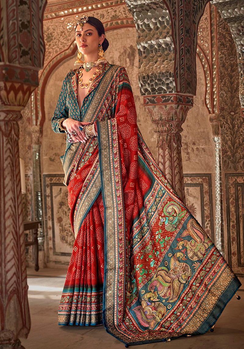 Monjolika Fashion Orange Printed Viscose Silk Designer Traditional Saree