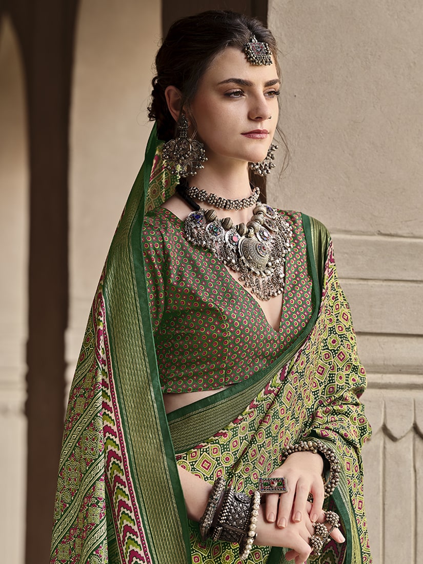 Monjolika Fashion Silk Patola Print Green Traditional Saree