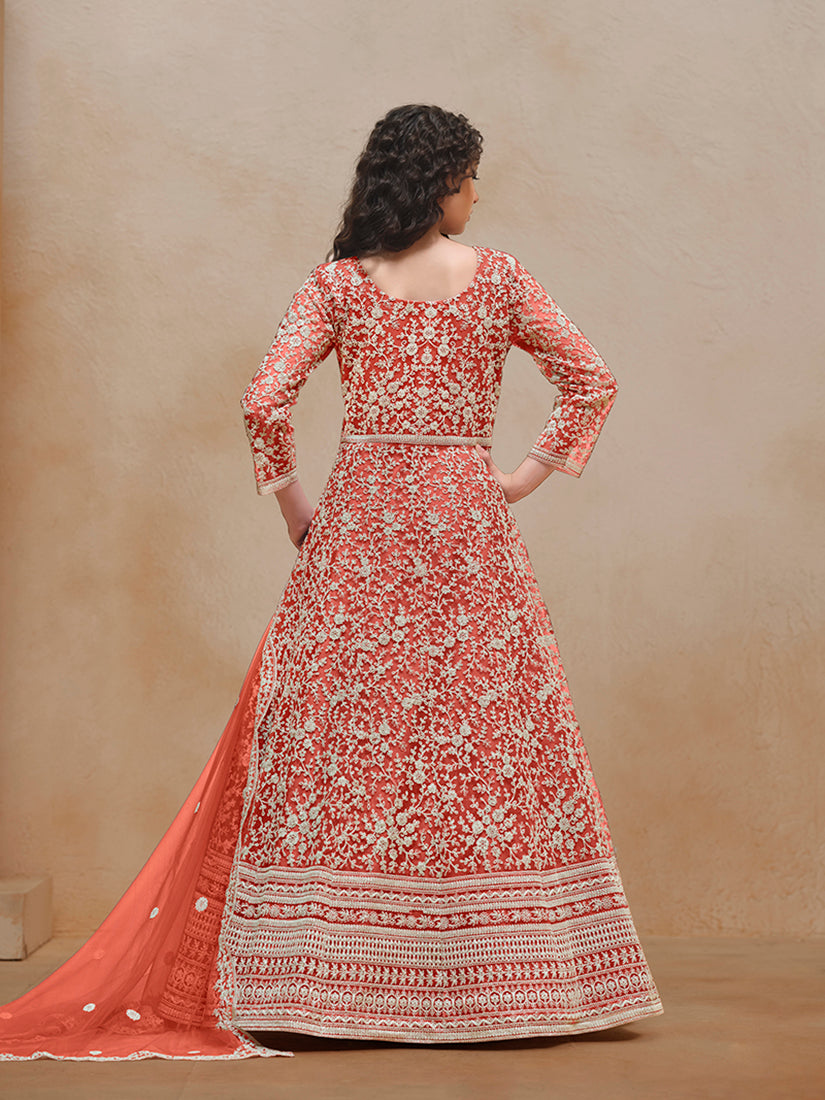 Monjolika Fashion Dark-Orange Color Embroidered Santoon Net Salwar Suit