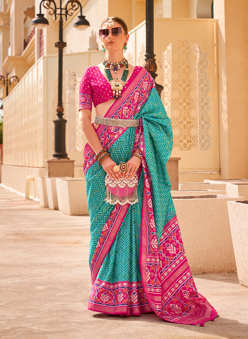 Monjolika Fashion Patola Silk Turquoise And Rani Pink Patola Print Classic Saree