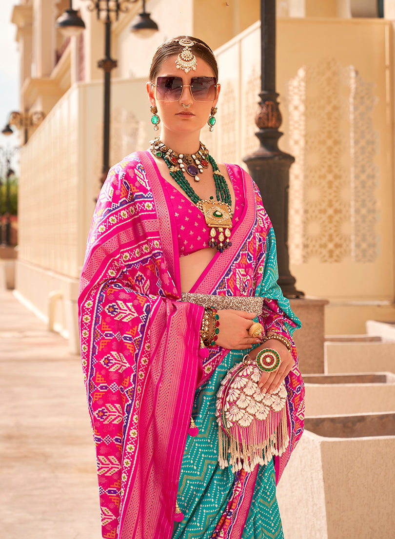 Monjolika Fashion Patola Silk Turquoise And Rani Pink Patola Print Classic Saree