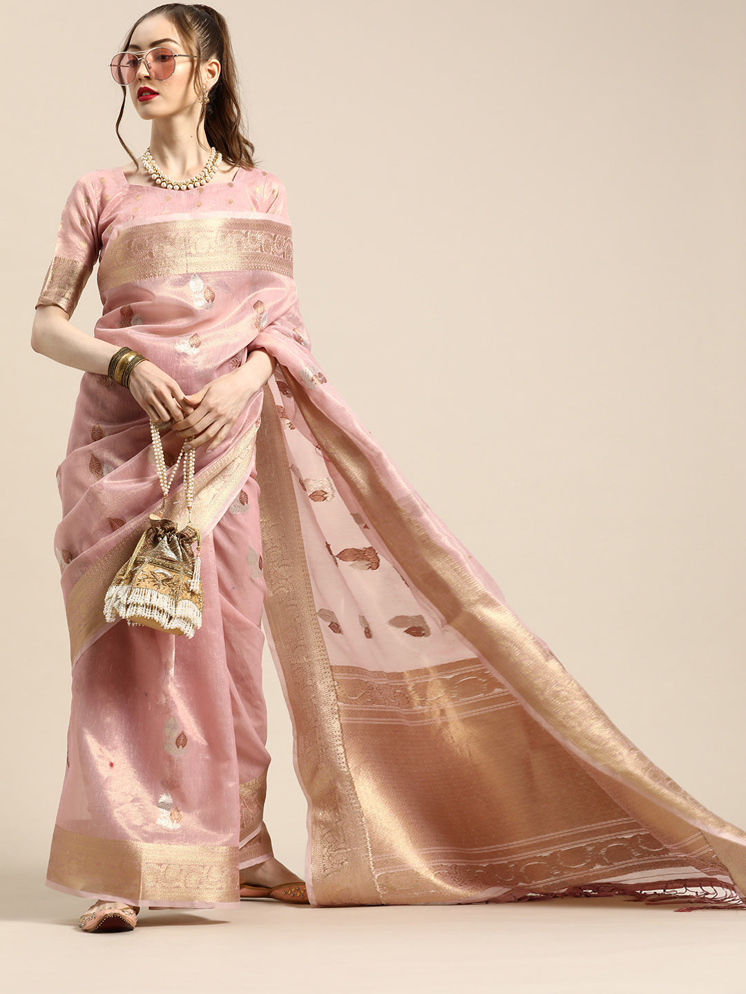 Saree Mall Ethnic Motifs Silk Blend with Woven Design Border Saree