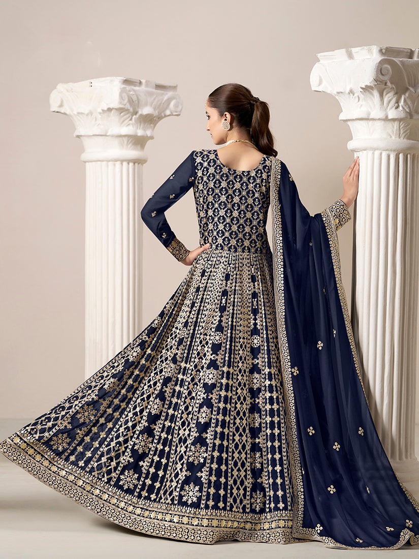 Monjolika Fashion Navy-Blue Color Embroidered Santoon Georgette Salwar Suit