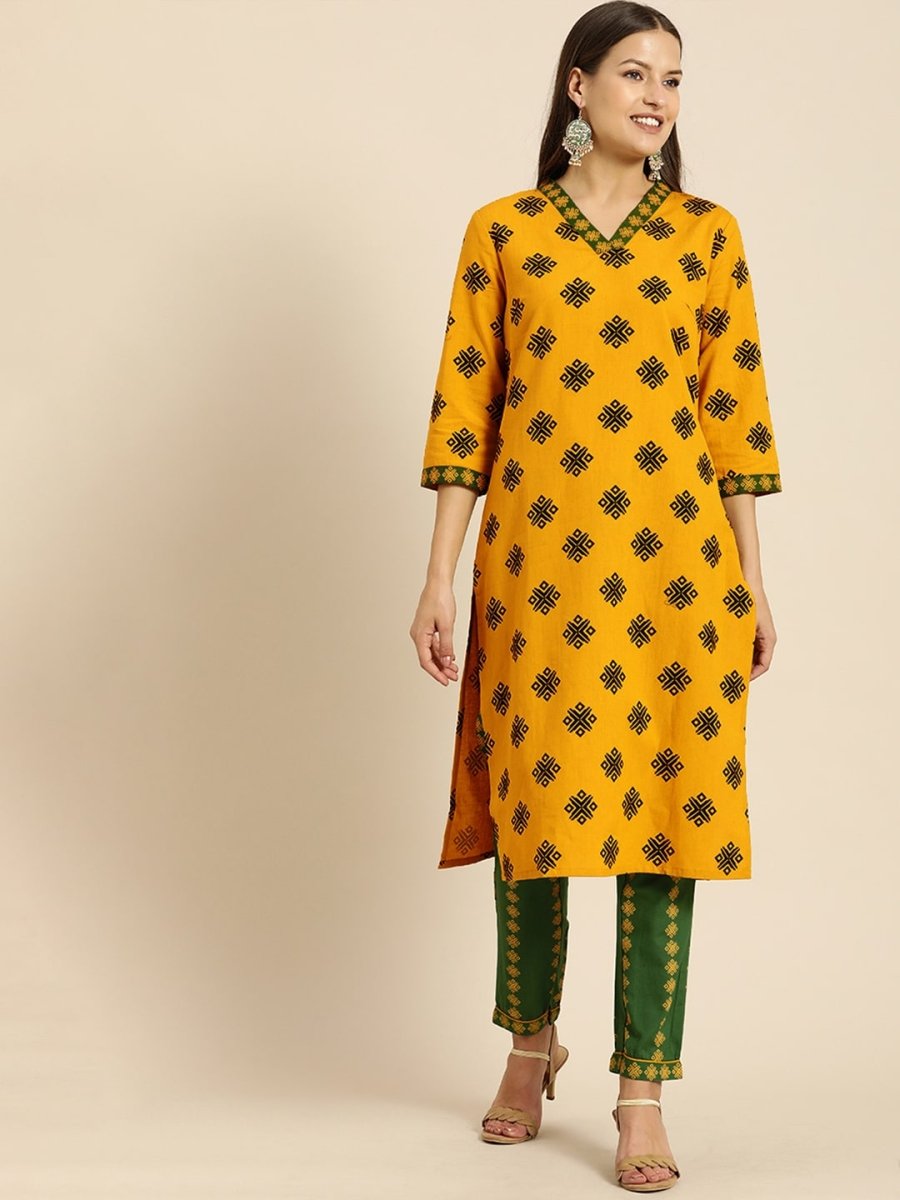 All About You Women Mustard Yellow Ethnic Motifs Printed Kurta with Green Printed Trousers