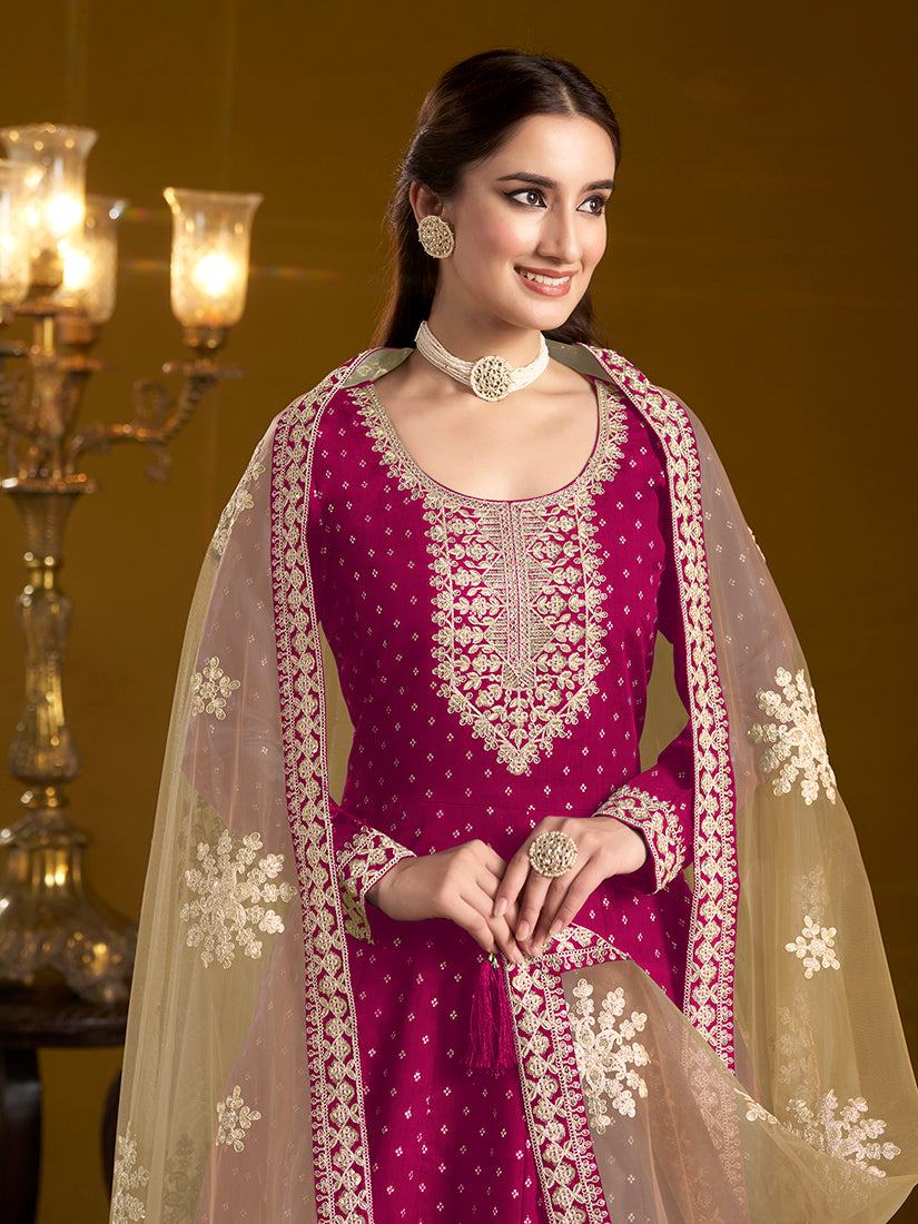 Monjolika Fashion Magenta Color Embroidered Santoon Chanderi Silk Salwar Suit