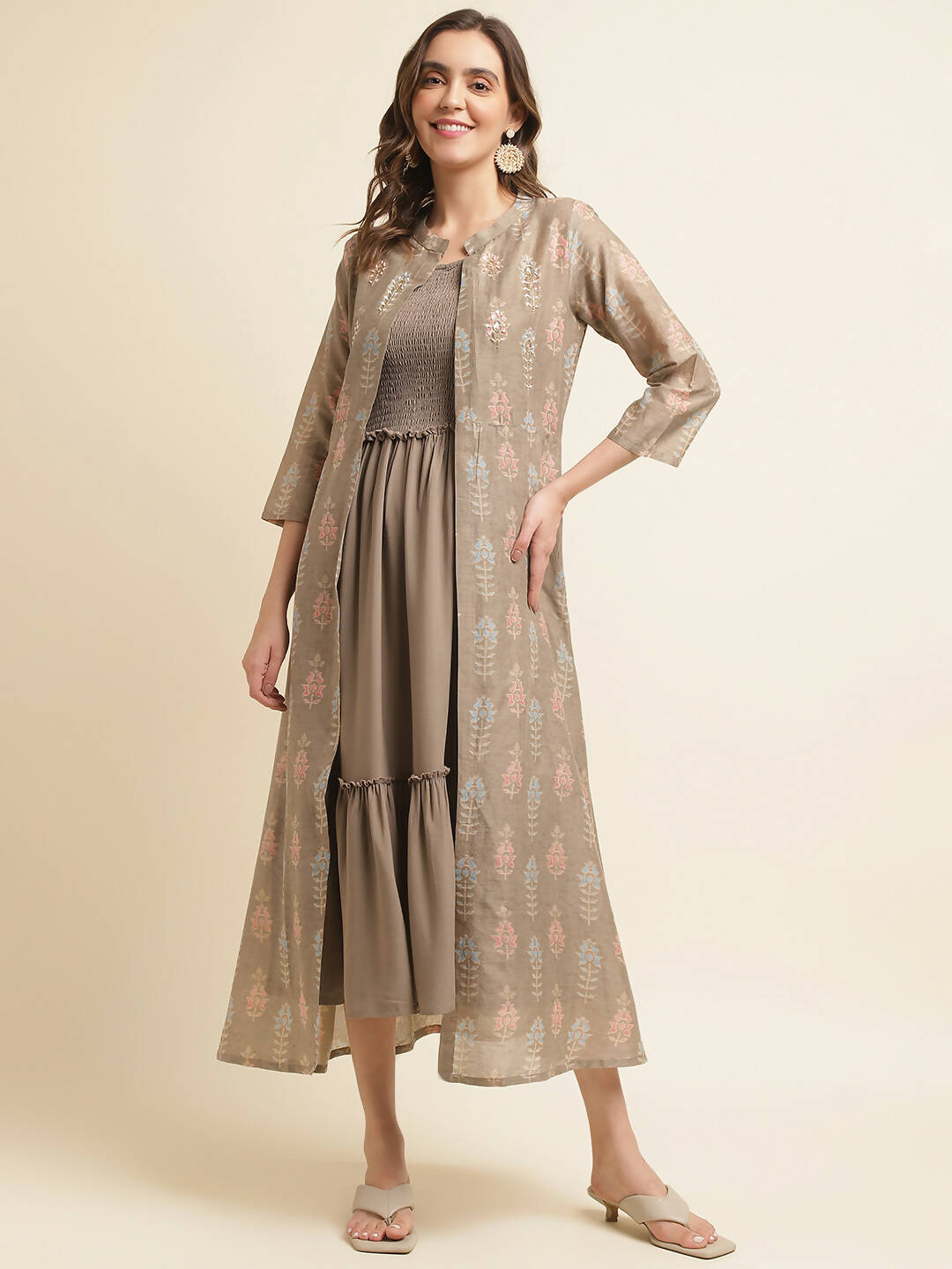 Brown Cotton Solid Flared Dress with Printed Shrug - Yukti