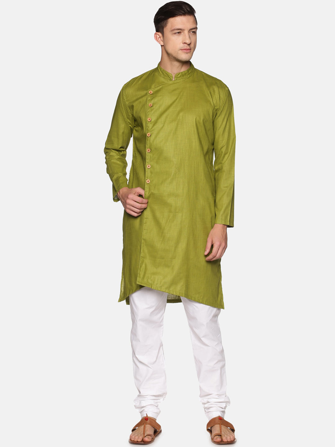 Sethukrishna Men Green Angrakha Pure Cotton Kurta with Pyjamas