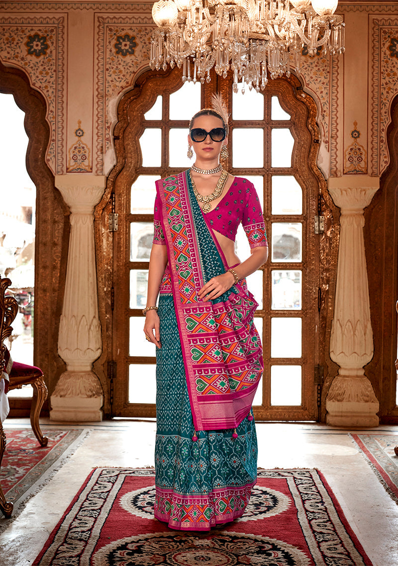 Monjolika Fashion Teal Patola Print Festival Contemporary Saree