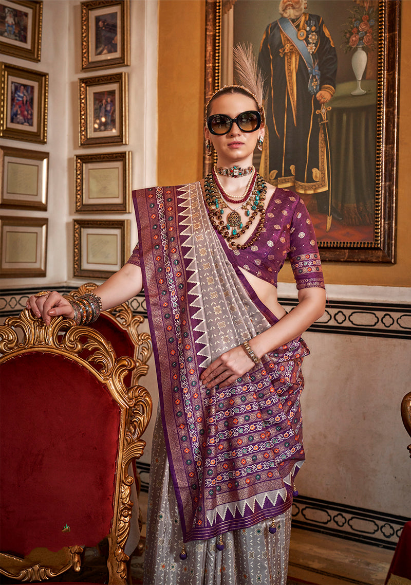 Monjolika Fashion Silk Grey With Wine Border Printed Classic Saree