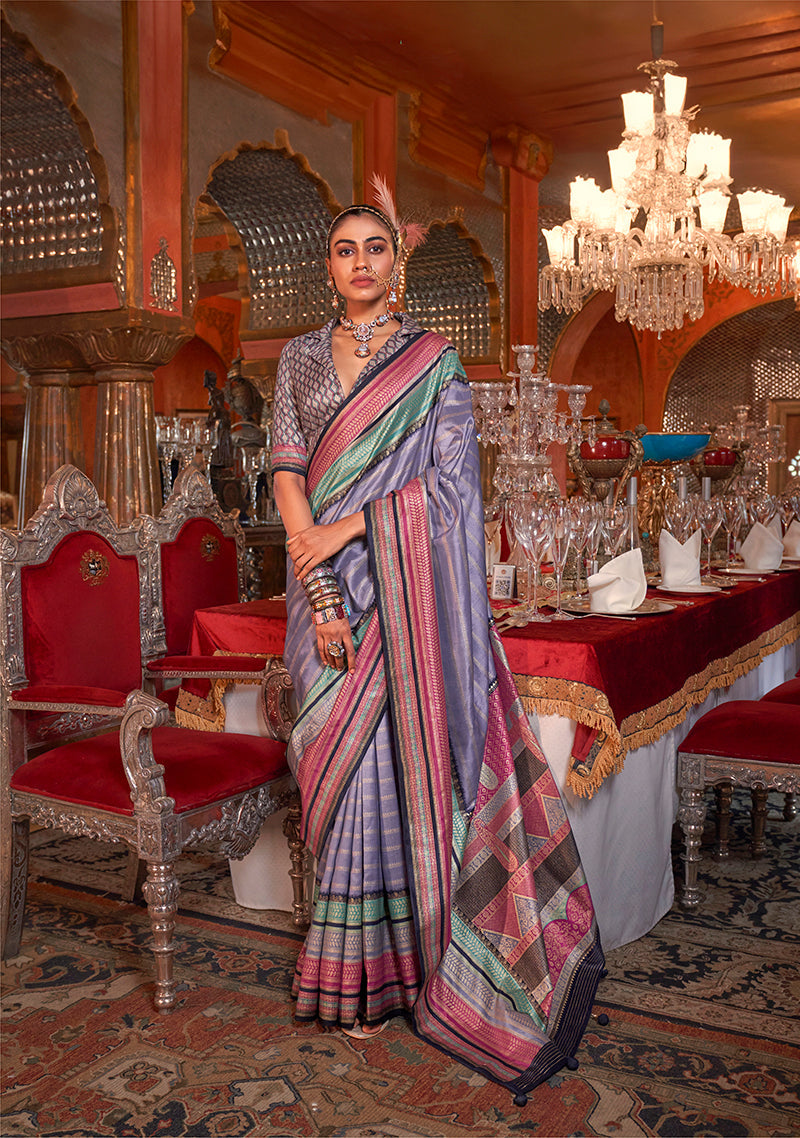 Monjolika Fashion Silk Weaving Zari Lavender Traditional Saree