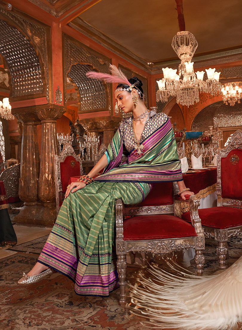 Monjolika Fashion Silk Weaving Zari Green Traditional Saree