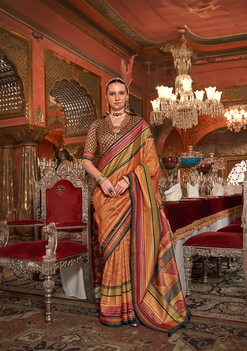 Monjolika Fashion Silk Weaving Zari Orange Traditional Saree